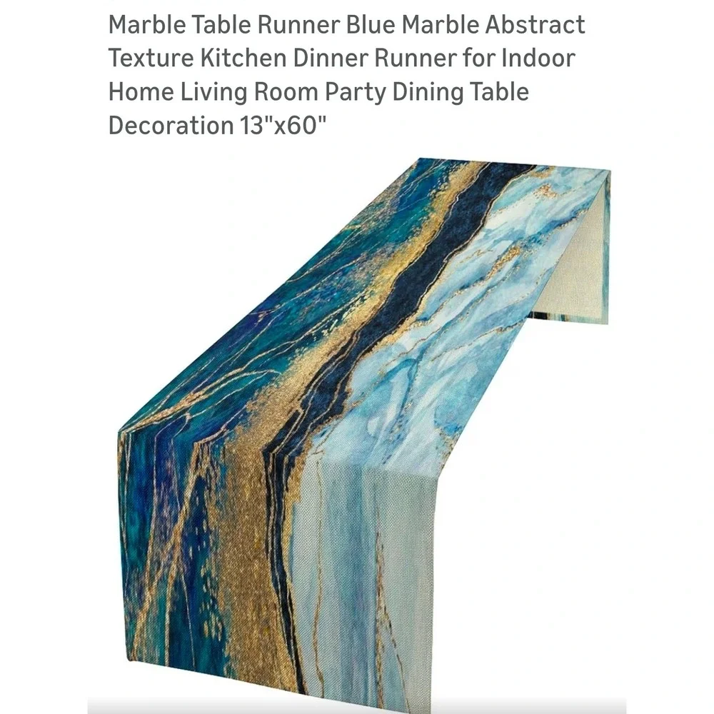 Blue Marble Abstract Texture Table Runner Cotton Linen 13x60 Modern Home Decor